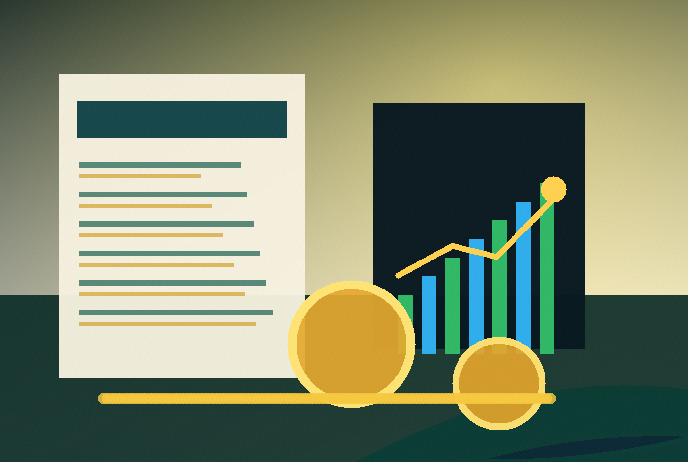 Original advisory workbench illustration with documents, charts and gold accents