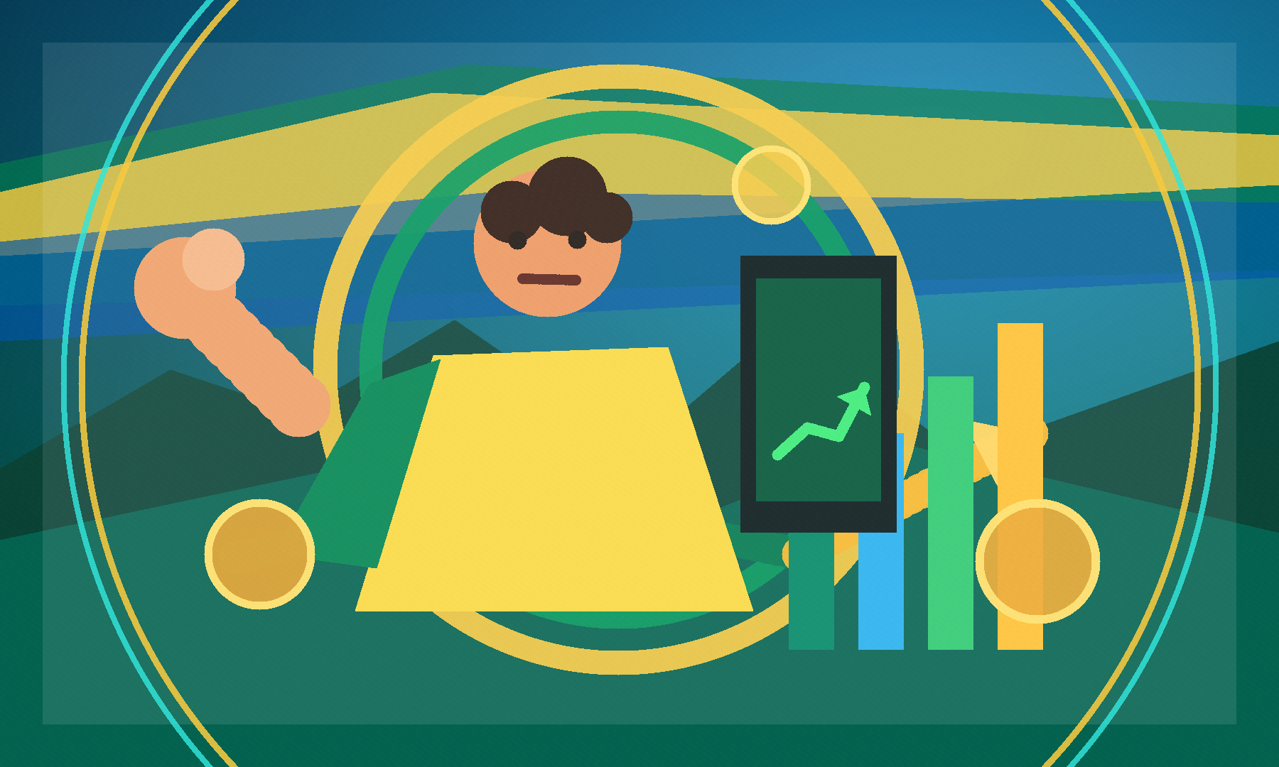 Illustrated Ramiz financial planning scene with Brazil-inspired color, portfolio charts and growth symbols