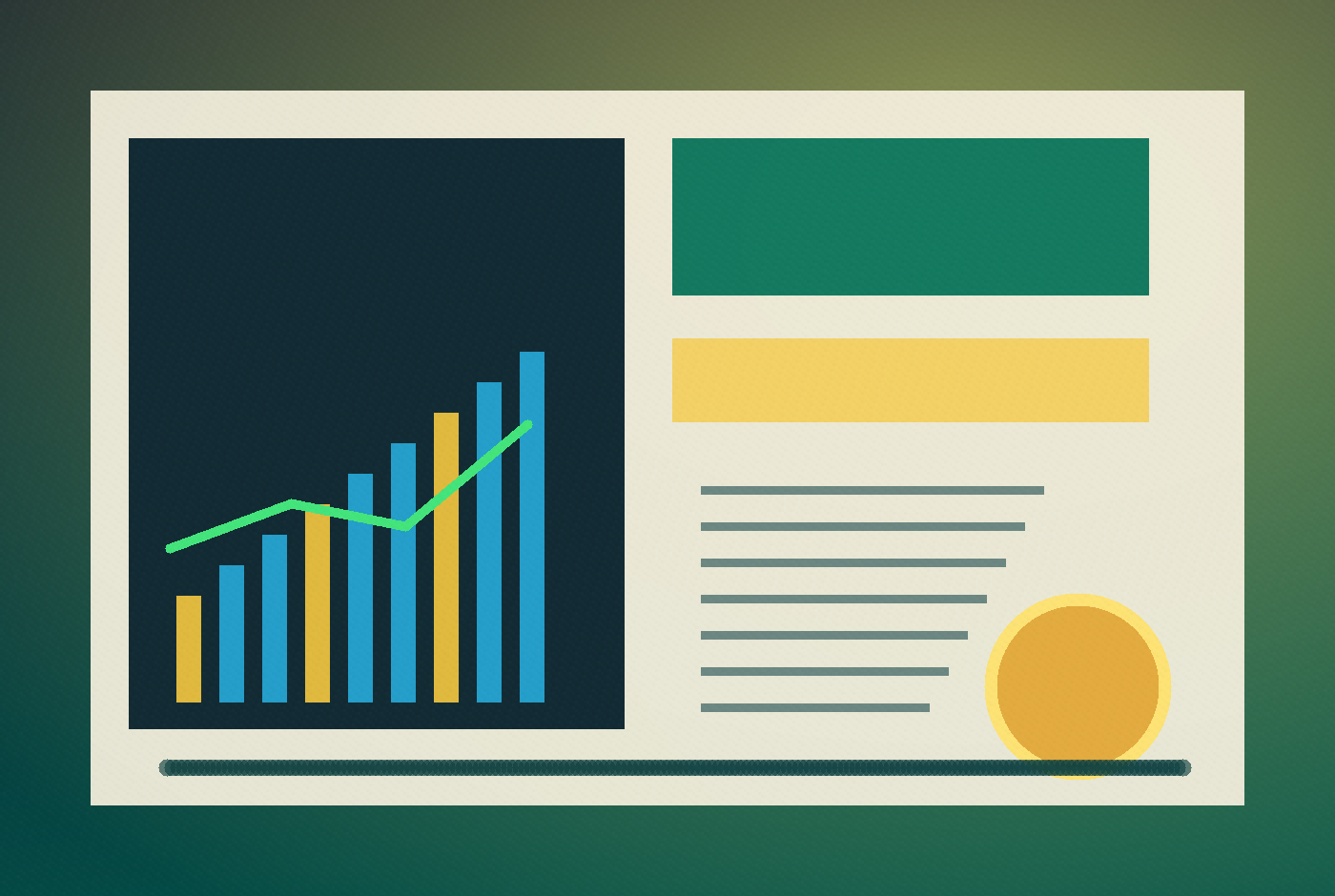 Original editorial ledger illustration with chart and research surfaces